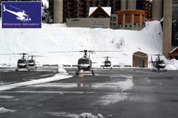 5 Parked Helicopters with Clients from Geneva ready to take part in the Bobsleigh Activities